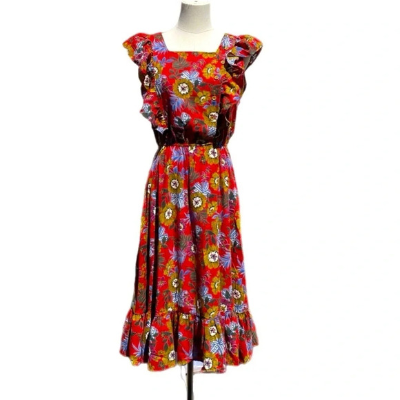 Molly Bracken red floral midi dress with ruffle sleeve size small - Picture 2 of 16